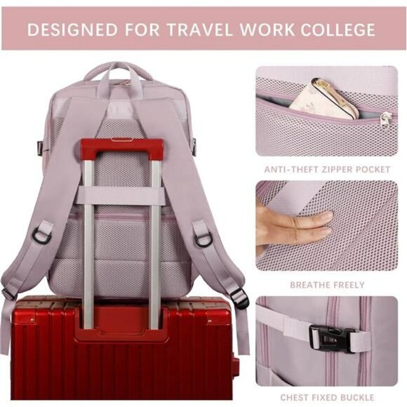 SHRRADOO Travel Laptop Backpack 17 Inch Airline Approved Work Hiking Bag Pink - Picture 4 of 8